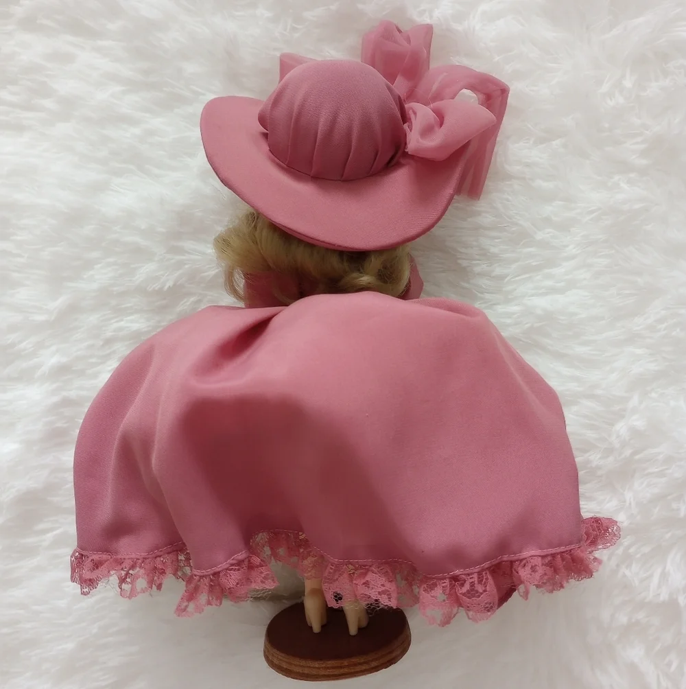 Vintage Bradley Doll In Maroon Burgundy Dress with Hat by Bradley Dolls